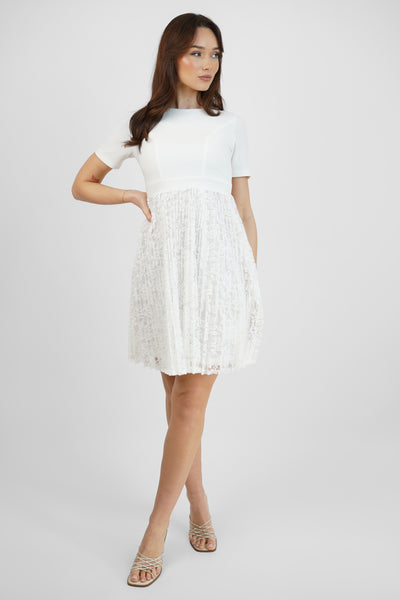 Pleated Lace Skirt Skater Dress in White