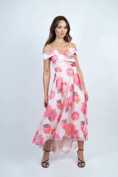 Floral Print Off the Shoulder Tulle Midi Dress