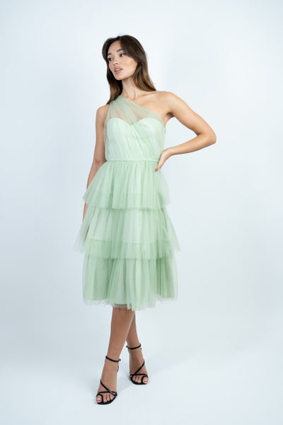 Sage Green One Shoulder Tulle Midi Dress