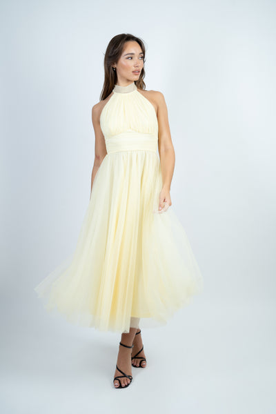 Yellow Tulle Halterneck Midi Dress with Back Bow