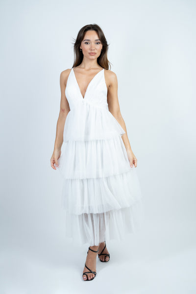 White Layered Mesh Maxi Dress with Back Tie