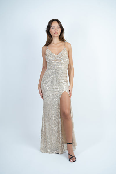 Champagne Sequin Maxi Dress with Cowl Neck