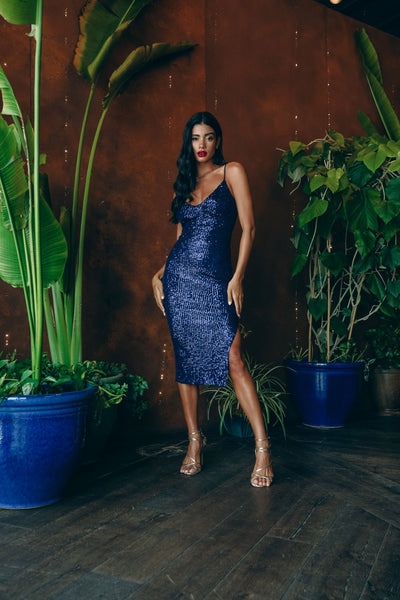 Navy sequin midi dress with side slit
