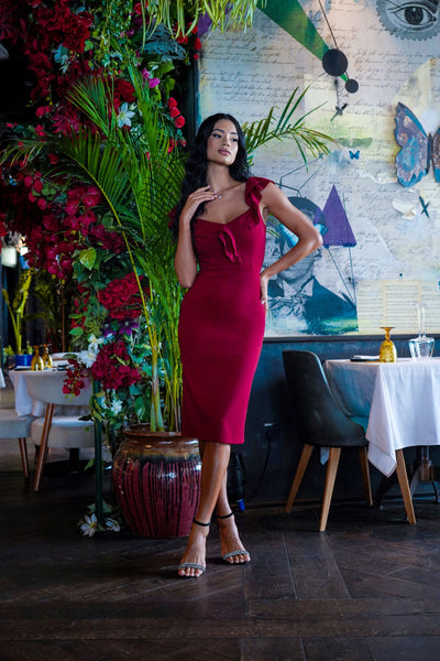 Off the Shoulder Midi Dress with Frill in Wine