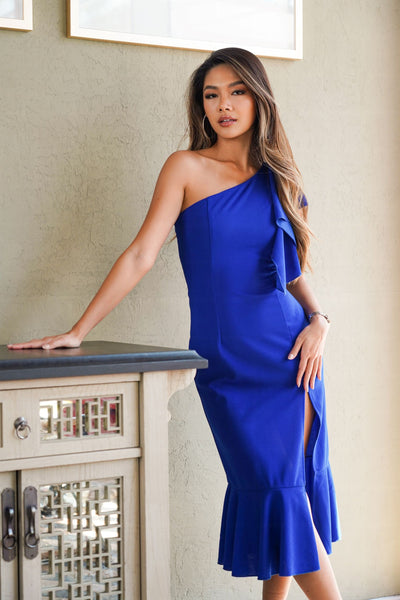 One Shoulder Electric Blue Midi Dress with Frills