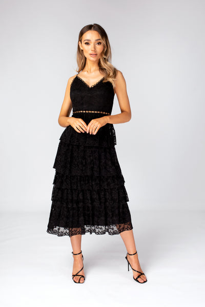 Black layered lace midi dress with details