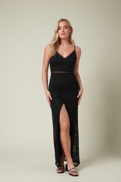 Lace Maxi Dress with Front Slit in Black