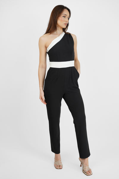 Black One Shoulder Jumpsuit with White Band