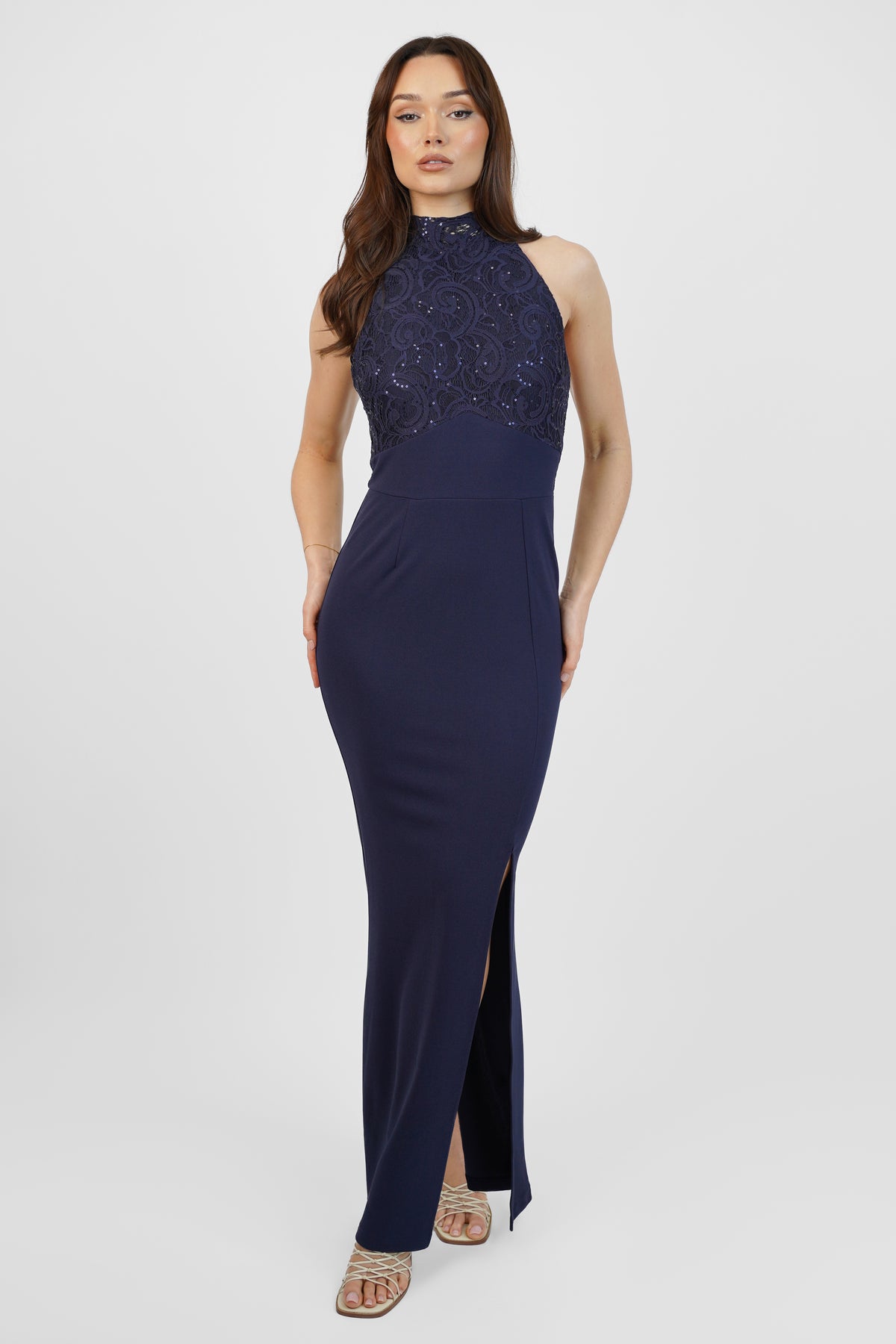 Navy Sequin Lace Halterneck Maxi Dress Skirt & Stiletto Navy Sequin Lace Halterneck Maxi Dress Skirt & Stiletto
