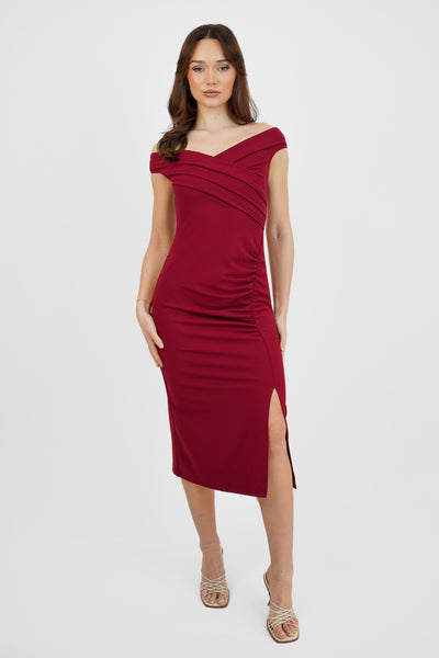 Wine Bardot Midi Dress with Slit