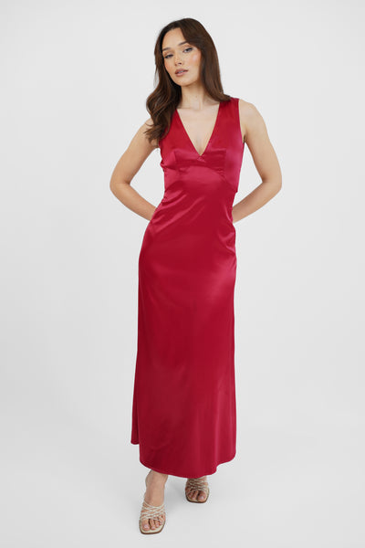 Wine Satin Maxi Dress with Back Bow