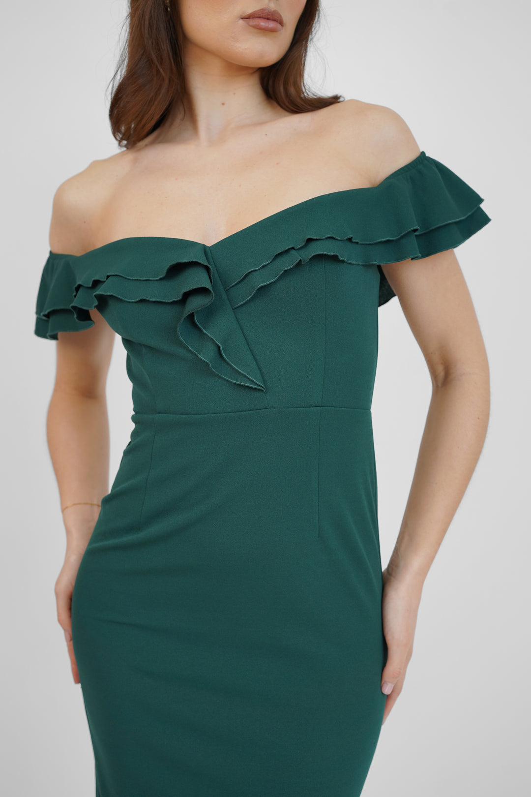 Green off the shoulder midi dress with frills Skirt & Stiletto Green off the shoulder midi dress with frills Skirt & Stiletto