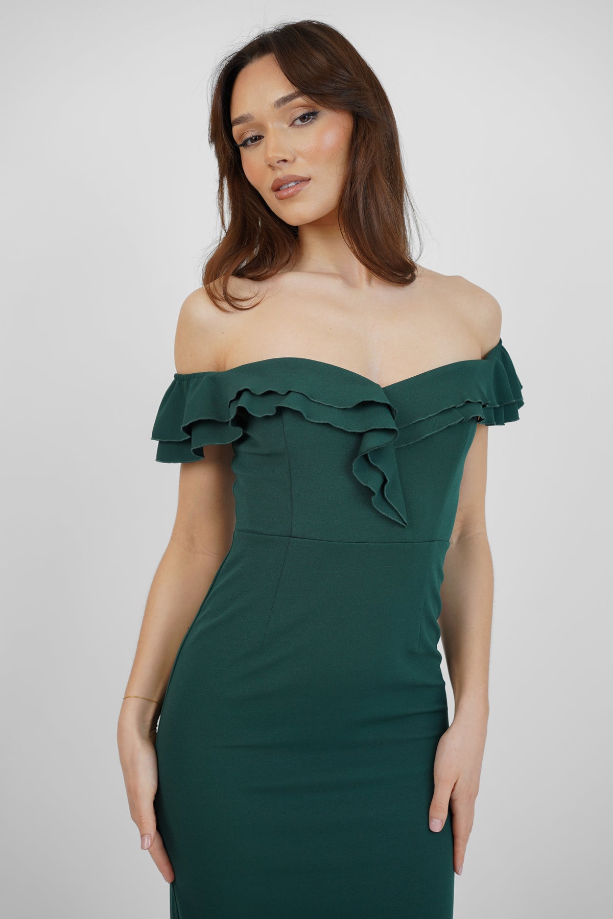 Green off the shoulder midi dress with frills Skirt & Stiletto Green off the shoulder midi dress with frills Skirt & Stiletto