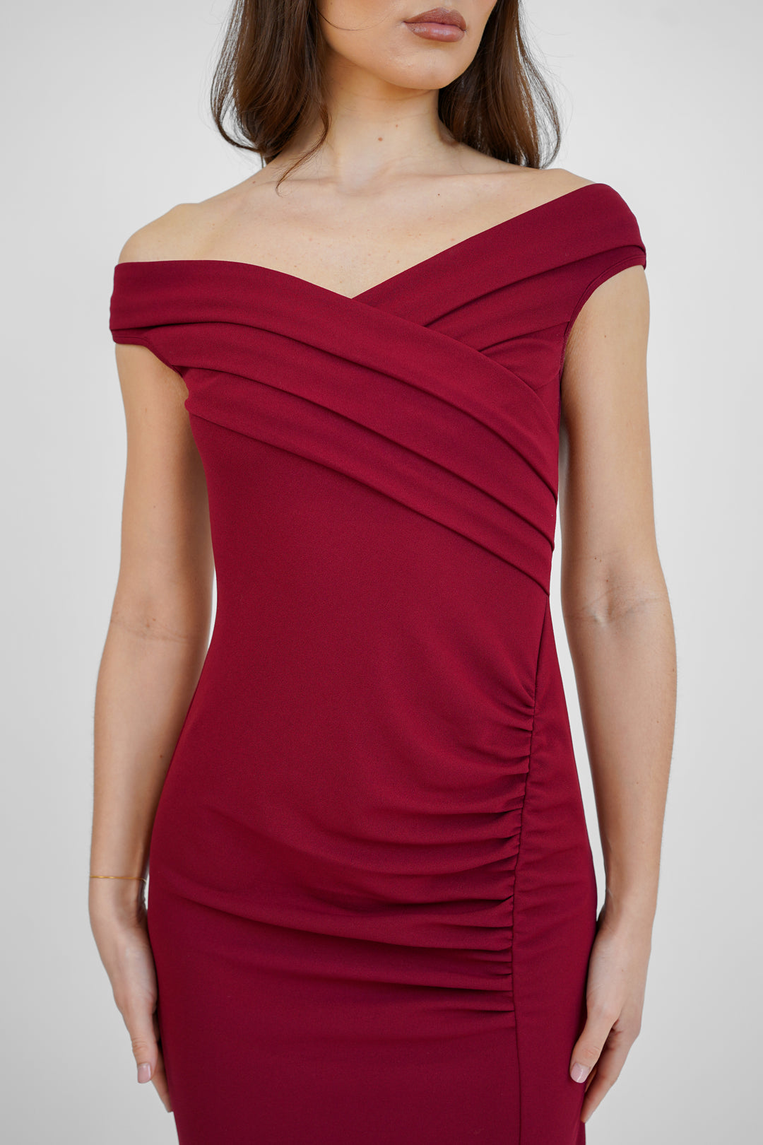 Wine Bardot Midi Dress with Slit – Skirt & Stiletto