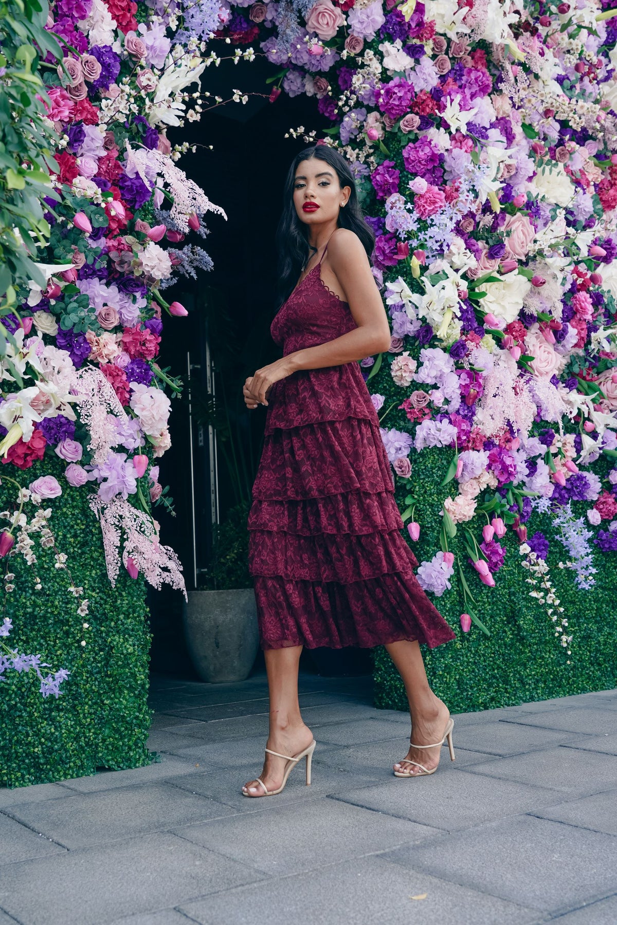 wine lace midi dress Self-Portrait - Burgundy Floral Lace Midi Dress