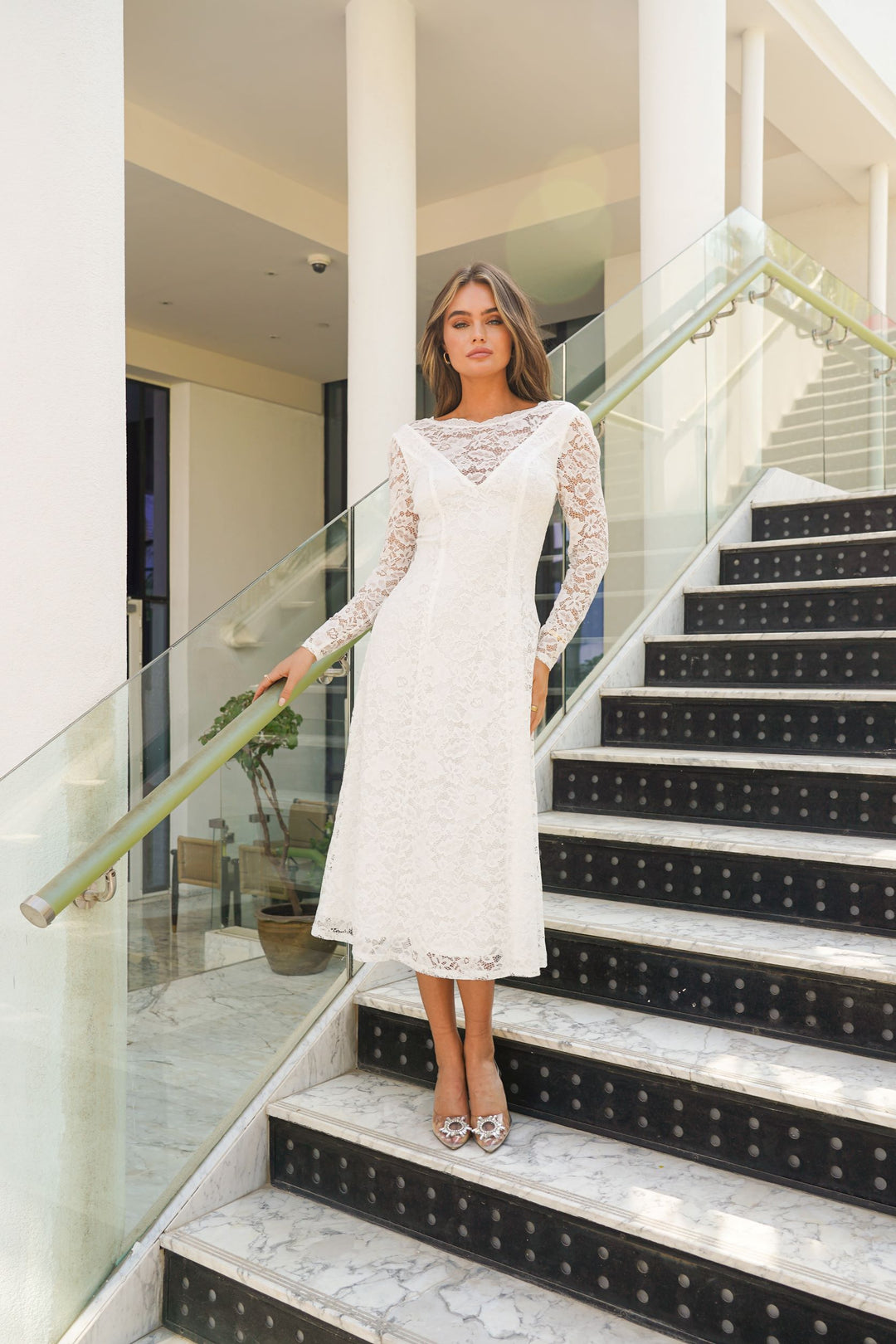 Long Sleeve Lace Midi Dress in White Skirt & Stiletto Long Sleeve Lace Midi Dress in White Skirt & Stiletto