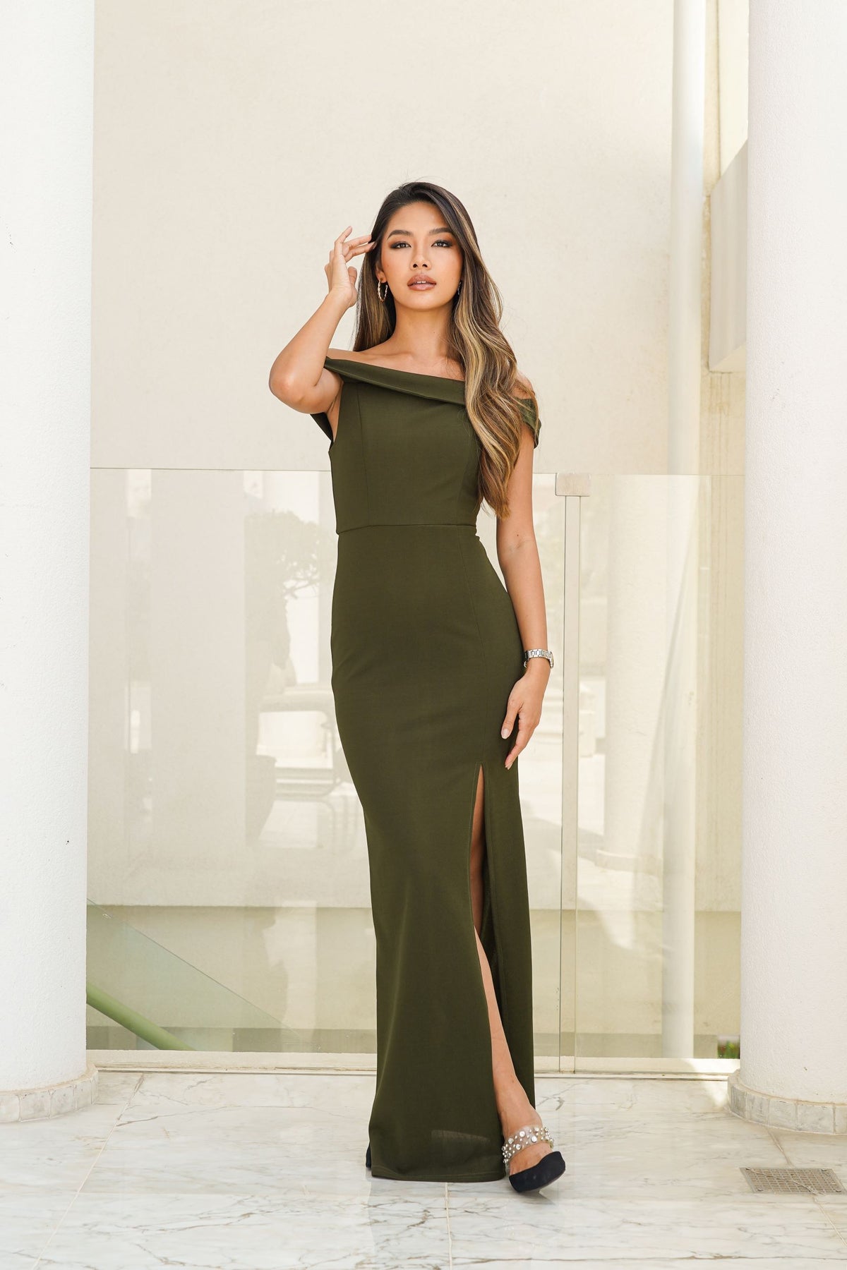 Bardot Crepe Maxi Dress with Front Slit Skirt & Stiletto Bardot Crepe Maxi Dress with Front Slit Skirt & Stiletto