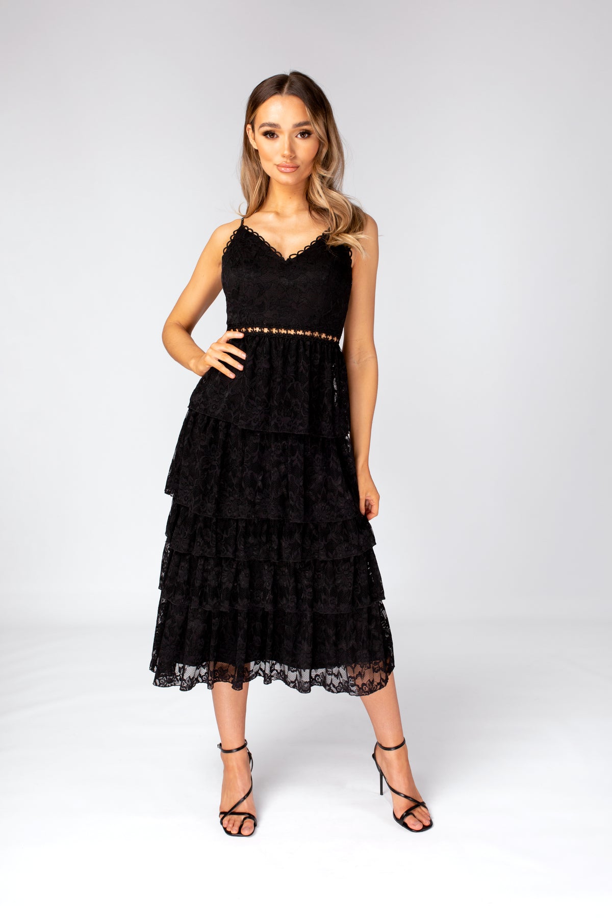 Black layered Lace Midi Dress with Details Skirt & Stiletto Black layered Lace Midi Dress with Details Skirt & Stiletto