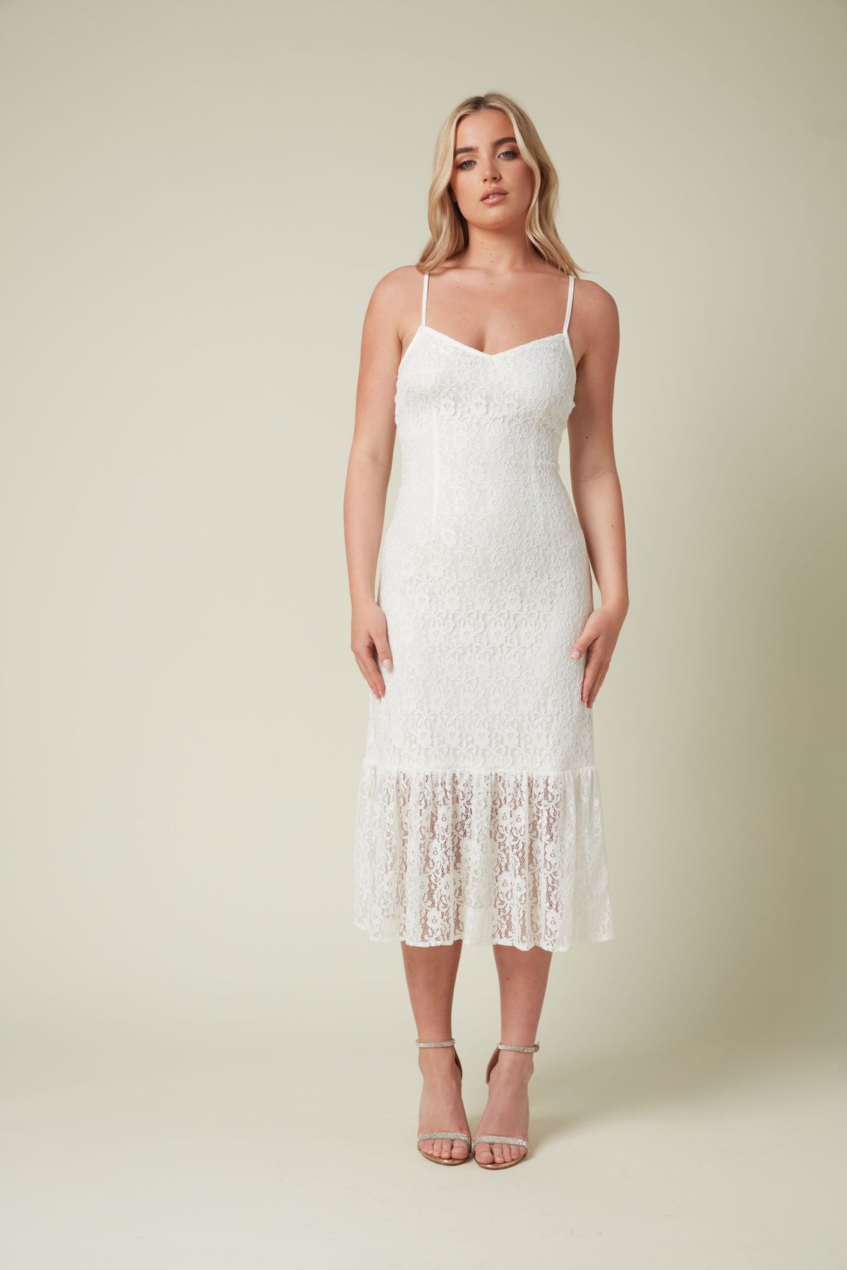 WHITE STRETCH LACE MIDI DRESS WITH BOTTOM FRILL Skirt & Stiletto WHITE STRETCH LACE MIDI DRESS WITH BOTTOM FRILL Skirt & Stiletto