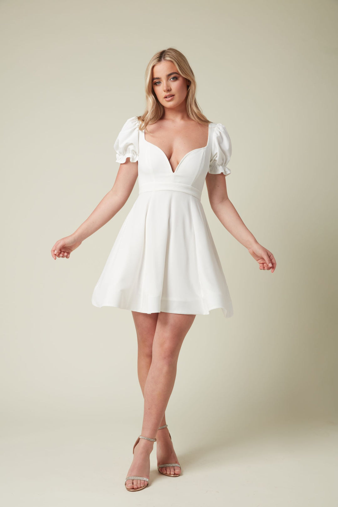 White Skater Dress with Deep V Neckline and Chiffon Sleeve